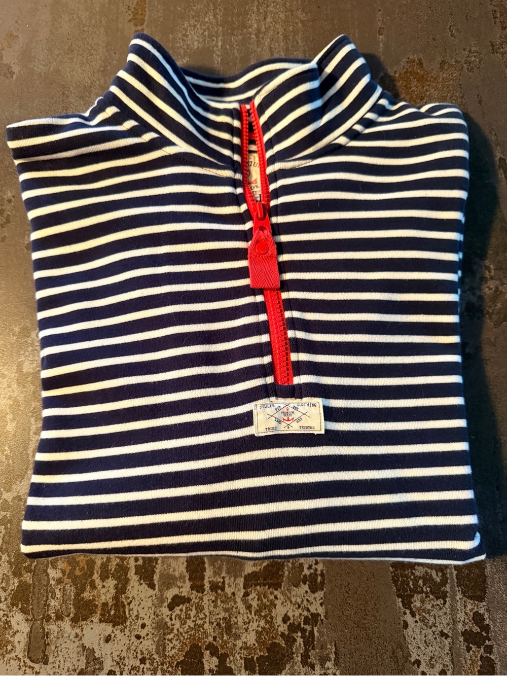 Ladies Navy & White Stripe Quarter-Zip Top with Red Trim